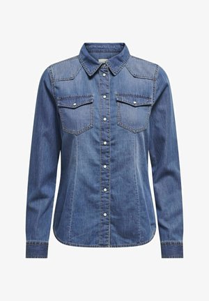 Tumedates denim särk, millel on kaelus, pikad varrukad, kahekordsed rinnataskud ja kontrastsed õmblused.