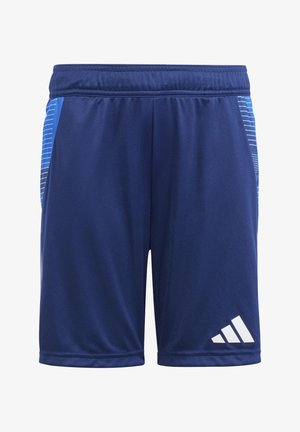 Navyblauwe sportshorts van gladde stof, met twee zijzakken en een wit logo op de rechteronderzoom. Verticale blauwe accenten.