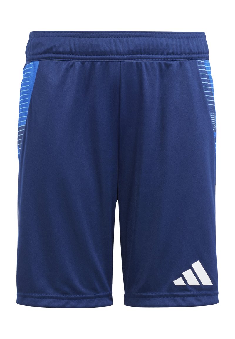 Marineblaue Sportshorts aus glattem Material, mit zwei Seitentaschen und einem weißen Logo am unteren rechten Saum. Vertikale blaue Akzente.