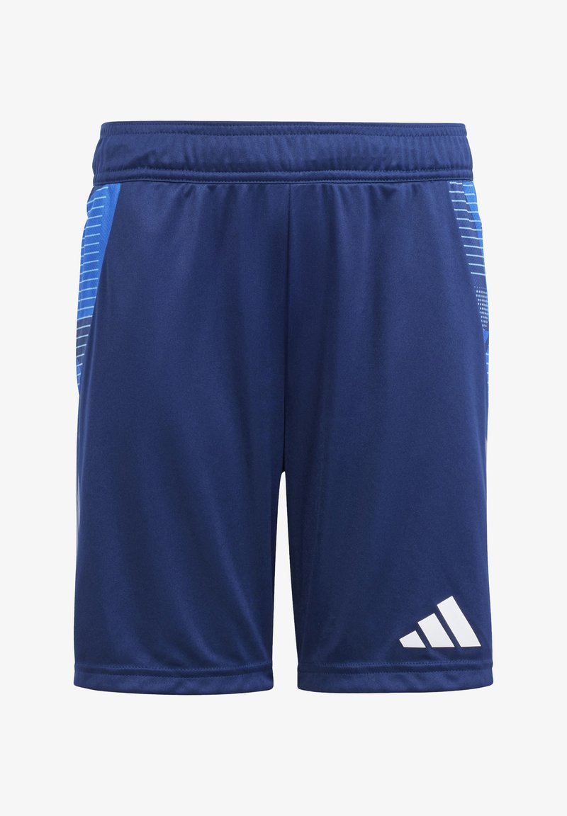 Marineblaue Sportshorts aus glattem Material, mit zwei Seitentaschen und einem weißen Logo am unteren rechten Saum. Vertikale blaue Akzente.