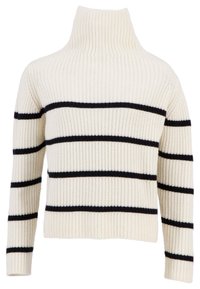 Cremefarbener, gestrickter Pullover mit hohem Kragen, der marineblaue horizontale Streifen und lange Ärmel hat. Strukturierter Stoff mit einer lockeren Passform.