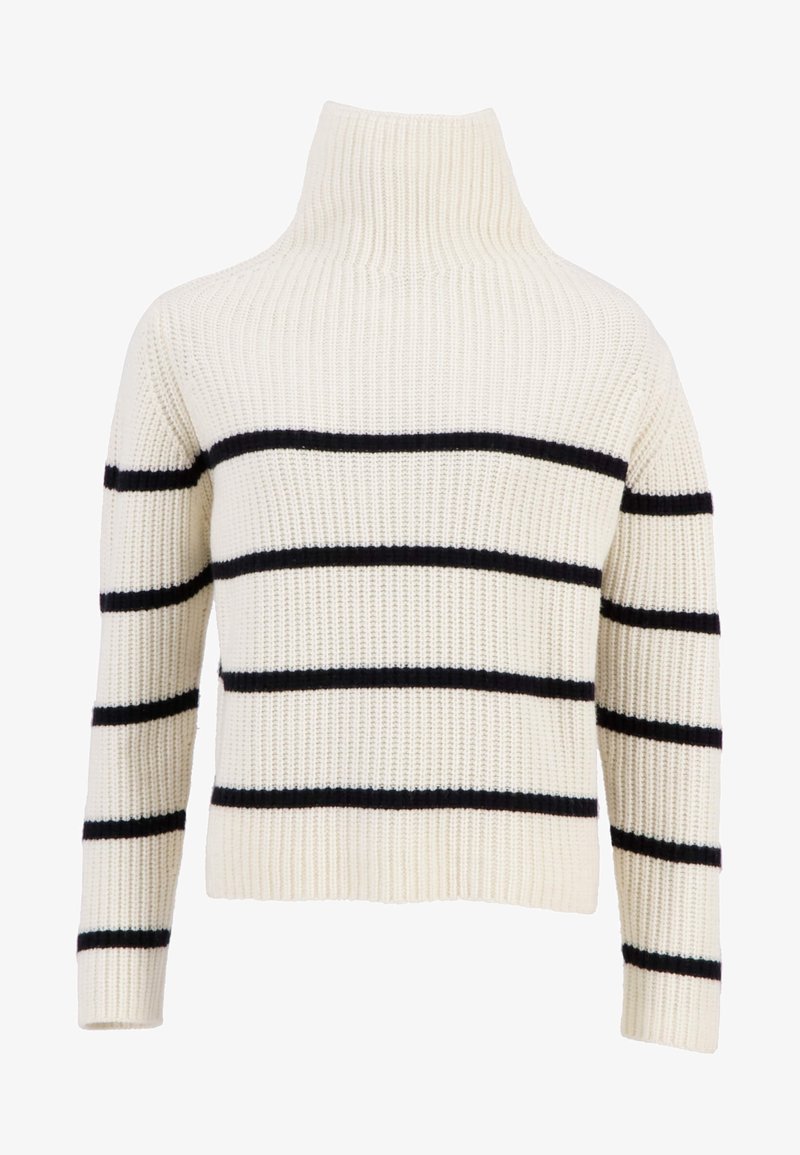 Cremefarbener, gestrickter Pullover mit hohem Kragen, der marineblaue horizontale Streifen und lange Ärmel hat. Strukturierter Stoff mit einer lockeren Passform.
