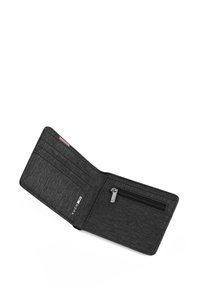 Black fabric wallet with a textured finish. Features a zipper pocket, multiple card slots, and a logo tag. Opened view showcases design details.
