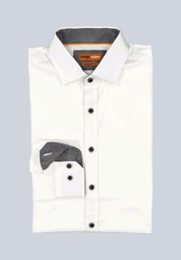 Weißes Hemd mit kontrastierendem grauem Muster im inneren Kragen und an den Manschetten. Schwarze Knöpfe und regular fit Design.