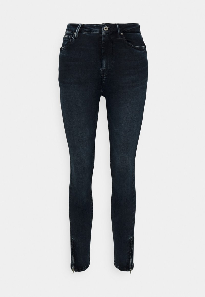 Jeans skinny azul escuro feitos de denim, com uma cintura alta, bolsos frontais e fechos de correr no tornozelo para estilo e ajustabilidade.