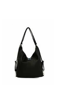 Čierna kožená hobo taška s textúrovaným povrchom, obsahujúca modrý uzáver, dve nastaviteľné popruhy a priestranný tvar pre ukladanie vecí.