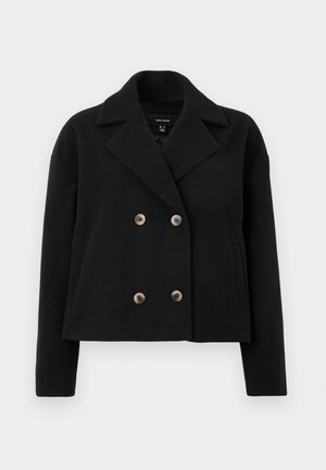Veste noire croisée en mélange de laine, dotée de grands boutons beiges, d'un col cranté et de poches latérales avec un design court.