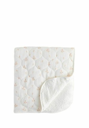 Quilted blanket in white with pastel floral patterns. Soft texture, dual-sided with plush backing, finished with a subtle stitched border.