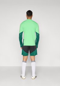 Homem de costas a usar uma camisola desportiva de mangas longas verde e verde escuro, calções pretos e verdes, meias brancas até ao joelho e chuteiras brancas.