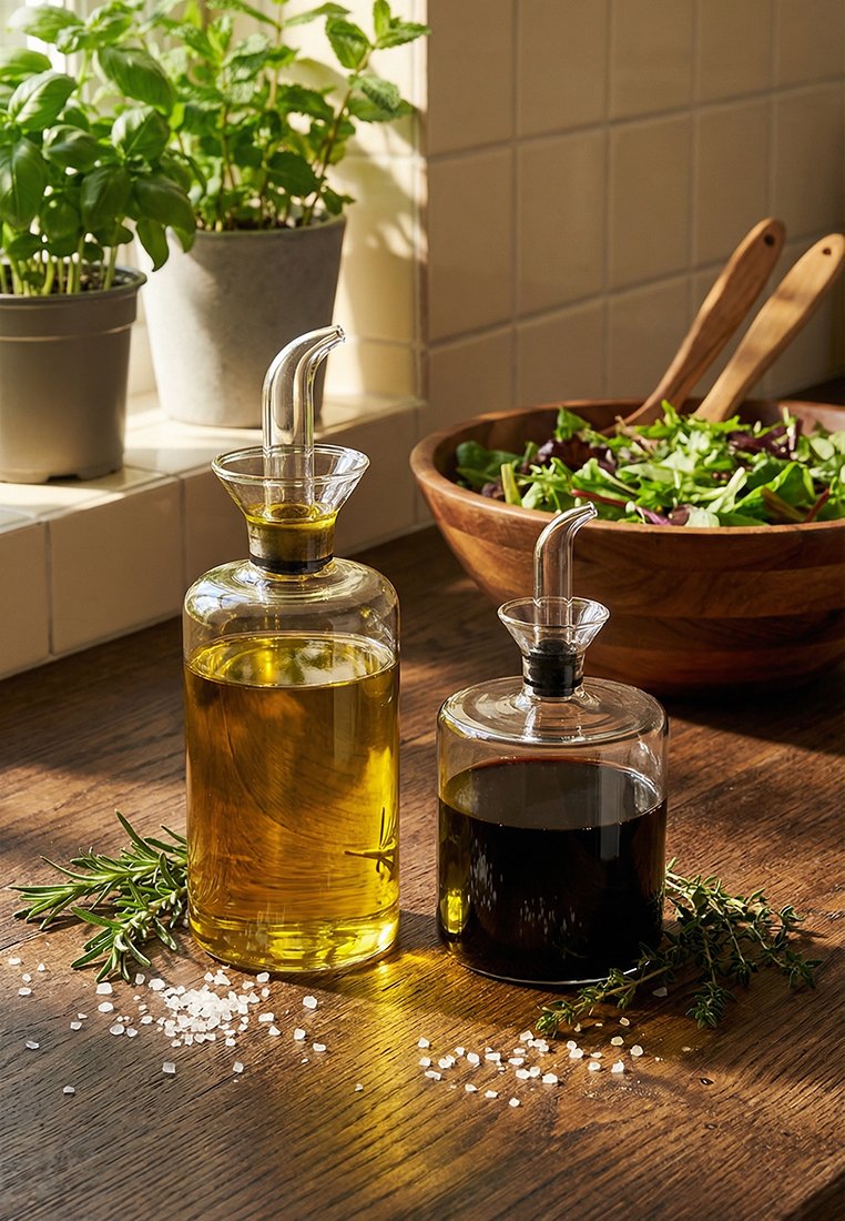 Dwie szklane butelki z oliwą z oliwek i octem balsamicznym, świeże zioła, gruboziarnista sól, drewniana miska na sałatkę oraz zielone rośliny na kuchennym blacie.