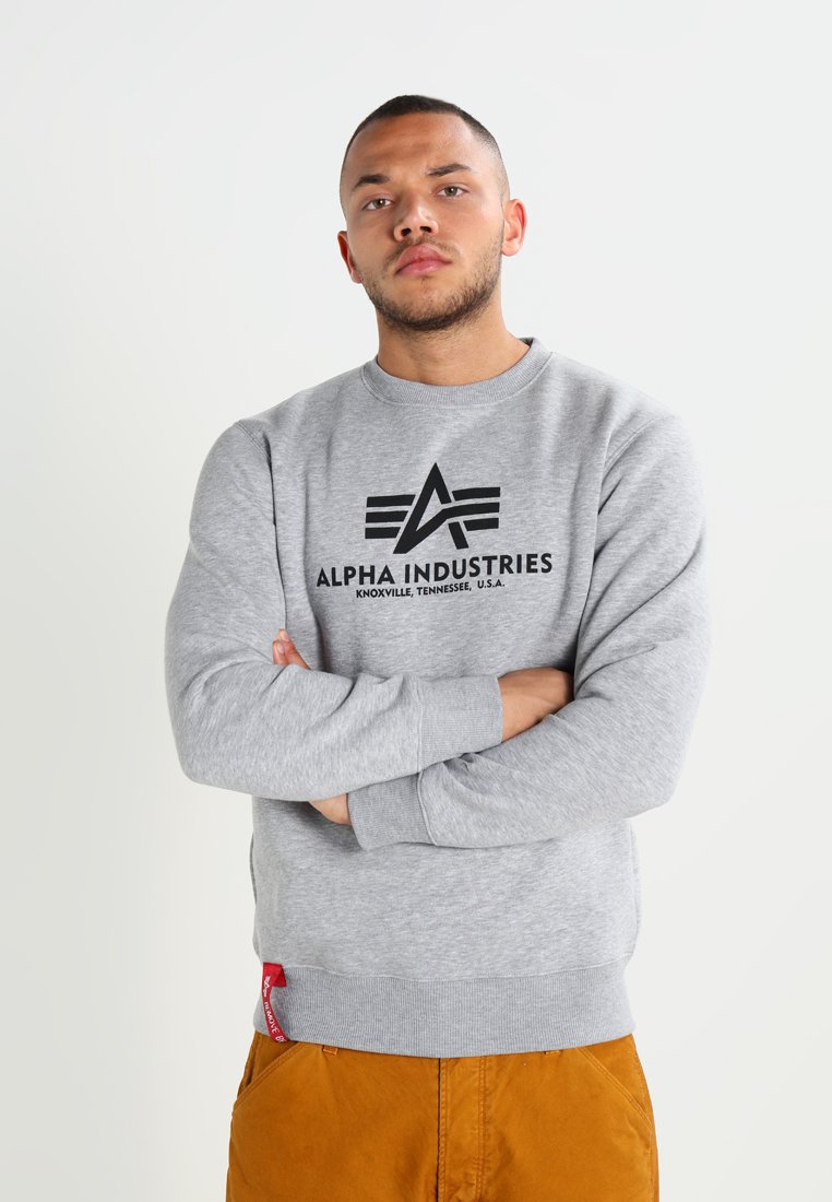 Sweat-shirt gris avec un col rond et des manches côtelées. Présente un logo noir avec "ALPHA INDUSTRIES" imprimé sur le devant. Détail de l'étiquette rouge.