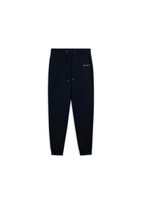 Pantaloni sportivi blu navy realizzati in morbido tessuto, con vita elastica e cordoncino, e polsini a coste. Dettaglio del logo dorato sul lato.