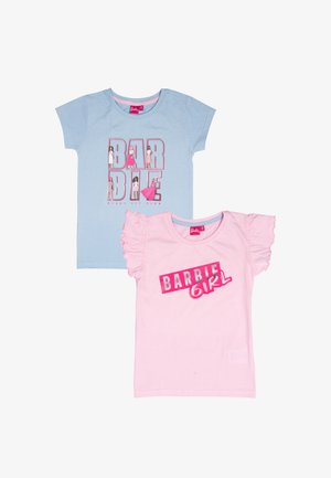 Two t-shirts: one light blue with "BARBIE" graphic and one pink with "BARBIE GIRL" text, featuring short sleeves and soft cotton fabric.