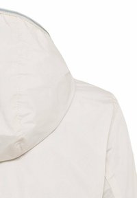 Veste blanche à capuche montrant l'arrière de l'épaule et la capuche avec des coutures visibles sur un fond blanc uni.