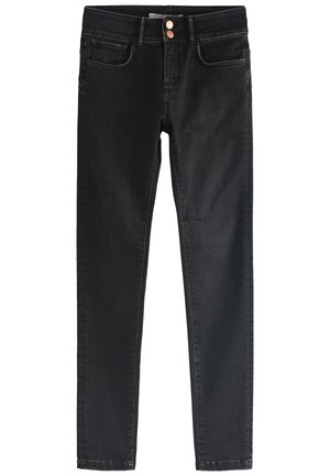 Zwarte skinny jeans met hoge taille, twee voorzakken, twee koperen knopen en lussen voor een riem.