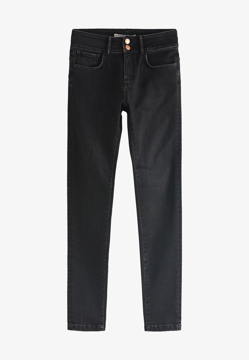 Jean skinny noir taille haute avec deux poches avant, deux boutons en cuivre et passants de ceinture.