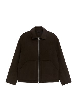 Brown wool jacket with zip closure, a flat collar, and two front patch pockets. Features a boxy shape and soft texture.