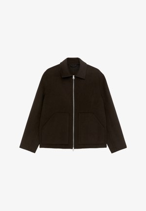 Brown wool jacket with zip closure, a flat collar, and two front patch pockets. Features a boxy shape and soft texture.