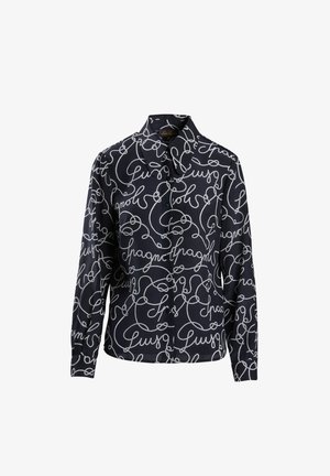 Long-sleeve shirt in navy fabric featuring white abstract script pattern. Button-up front with collar and cuffs; lightweight, smooth texture.
