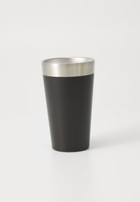 Black metal cup with a tapered shape, featuring a brushed stainless steel rim and a matte black finish. Smooth, sturdy texture.