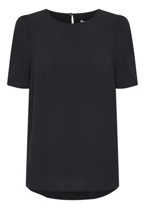 Czarna, krótko rękawowa bluzka z gładkiego materiału. Okrągły dekolt z zapięciem na guzik z tyłu w kształcie łezki. Prosty krój z lekko zaokrąglonym dołem.