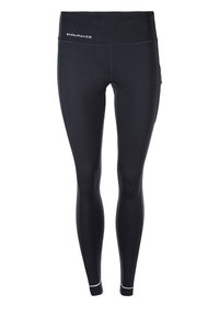 Svarta sportleggings med bred midjeband, slät textur, reflektorer vid vristerna och en logotyp på framsidan.