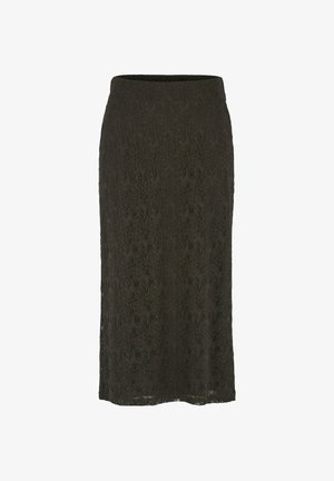 Zwarte kanten kokerrok met een aansluitende silhouette, voorzien van een textuur met bloemmotief en een lengte tot onder de knie. Elastische tailleband.