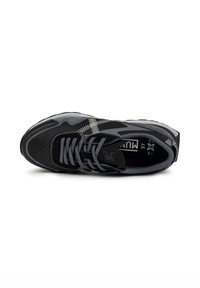 Black and gray athletic shoe featuring a mesh upper with hexagonal pattern, flat laces, and cushioned sole. Lightweight design for comfort.