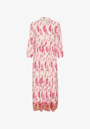 Abito midi con stampa floreale e motivi rosa su uno sfondo chiaro, dotato di maniche lunghe, una vita con cintura e orlo con bordo decorativo.