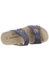 Blue leather sandal with two adjustable straps, featuring floral accents and a cushioned footbed. Size 37, brand name visible inside.