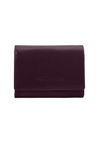 Purple leather wallet with a flap closure, featuring embossed branding, clean lines, smooth texture, and contrasting stitching along the edges.