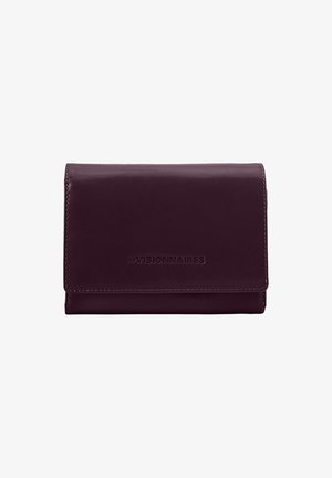 Purple leather wallet with a flap closure, featuring embossed branding, clean lines, smooth texture, and contrasting stitching along the edges.
