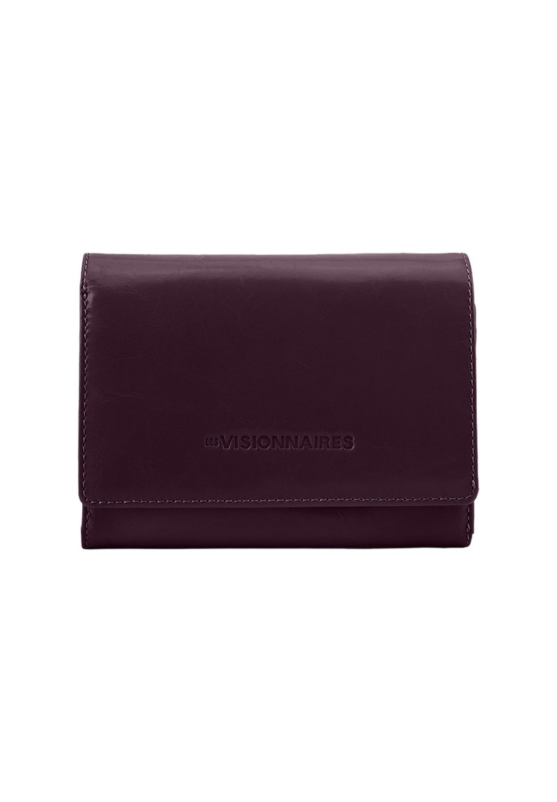 Purple leather wallet with a flap closure, featuring embossed branding, clean lines, smooth texture, and contrasting stitching along the edges.