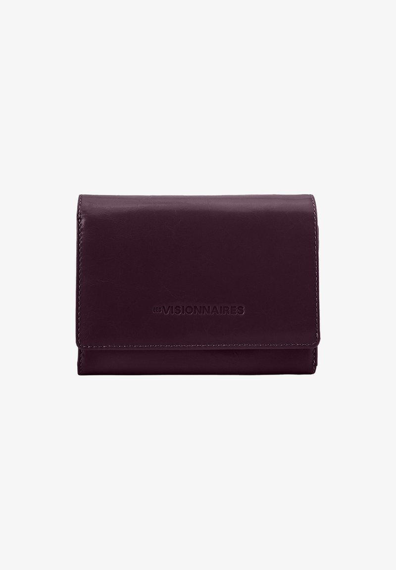 Purple leather wallet with a flap closure, featuring embossed branding, clean lines, smooth texture, and contrasting stitching along the edges.