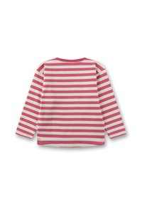 Langärmliges Hemd mit horizontalen rosa und weißen Streifen, Rundhalsausschnitt, von hinten auf einem weißen Hintergrund gezeigt.