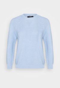 Ljusblått stickat tröja med rund halsringning, raglanärmar och ribbade muddar. Har en strukturerad tygtextur genom hela plagget.