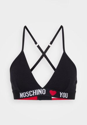 Crni triangle bralette s križastim trakama, s odvažnom logom trakom koja glasi "MOSCHINO ♥ YOU" u bijeloj boji s crvenim akcentima. Mekani pamučni materijal.
