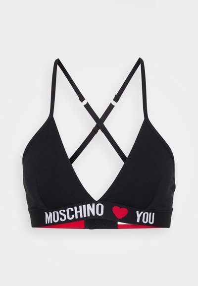 Czarny biustonosz w kształcie trójkąta z krzyżującymi się paseczkami, z wyraźnym bandem z logo "MOSCHINO ♥ YOU" w białym z czerwonymi akcentami. Wykonany z miękkiego bawełnianego materiału.