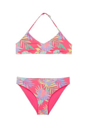 Rosa zweiteiliger Bikini mit mehrfarbigen tropischen Blatt- und Blumenmustern, ausgestattet mit verstellbarem Neckholder-Oberteil und passenden Höschen.