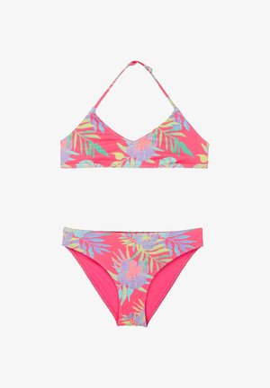 Roze tweedelig bikini met meerkleurige tropische bladeren- en bloemenpatronen, voorzien van een verstelbare haltertop en bijpassende broekjes.