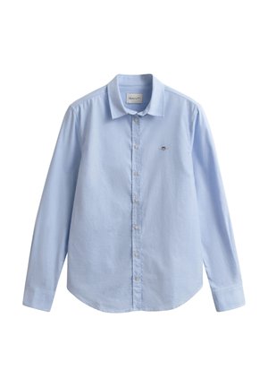 Lichtblauw katoenen overhemd met lange mouwen en een button-down kraag. Heeft een klein geborduurd logo op de linkerborst en een afgeronde zoom.