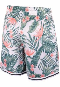 Bañadores de hombre con un vibrante patrón de hojas de palmera y flores. Hechos de una tela ligera con cinturilla elástica y acentos en franjas negras.