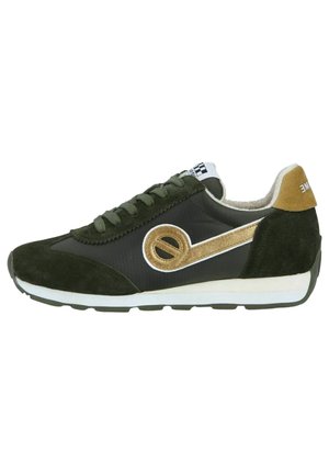 Men's sneaker in dark green suede and black synthetic material, featuring a gold accent design and white sole. Laced closure and padded collar.