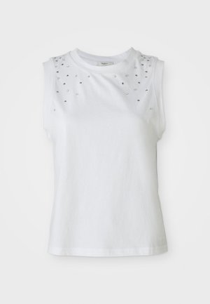 Top bianco senza maniche in cotone, con borchie argentate sulle spalle e scollatura rotonda. Texture liscia e design casual.