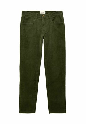 Olive green corduroy trousers with a straight leg, button and zip closure, and front pockets. Soft texture with subtle ribbing.