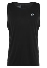 Černý bezrukávový sportovní top s malým bílým logem ASICS na horní levé části hrudníku.