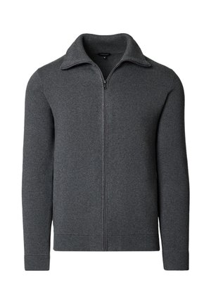 Ciemnoszary dzianinowy sweter na zamek z długimi rękawami i kołnierzem złożonym na pół, prezentowany na białym tle.