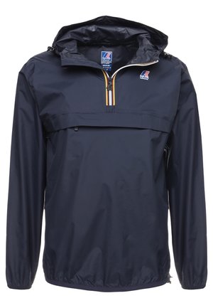 Mørkeblå pullover regnjakke med hætte, frontlynlås med stribet kant, elastiske manchetter og K-Way-logo på brystet og indersiden af kraven.