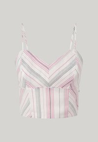 Camisola corta a righe con spalline regolabili. Presenta linee diagonali rosa e grigie su uno sfondo bianco. Materiale misto cotone.
