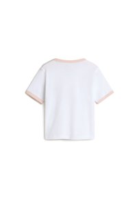 Vit kortärmad t-shirt med rund halsringning, med en ljusrosa krage och ärmsnurr. Slätt tyg, enkel och klassisk design.